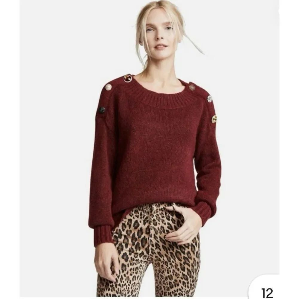 Veronica Beard Chase Burgundy Jewel Button Wide Neck Sweater sz XL EUC